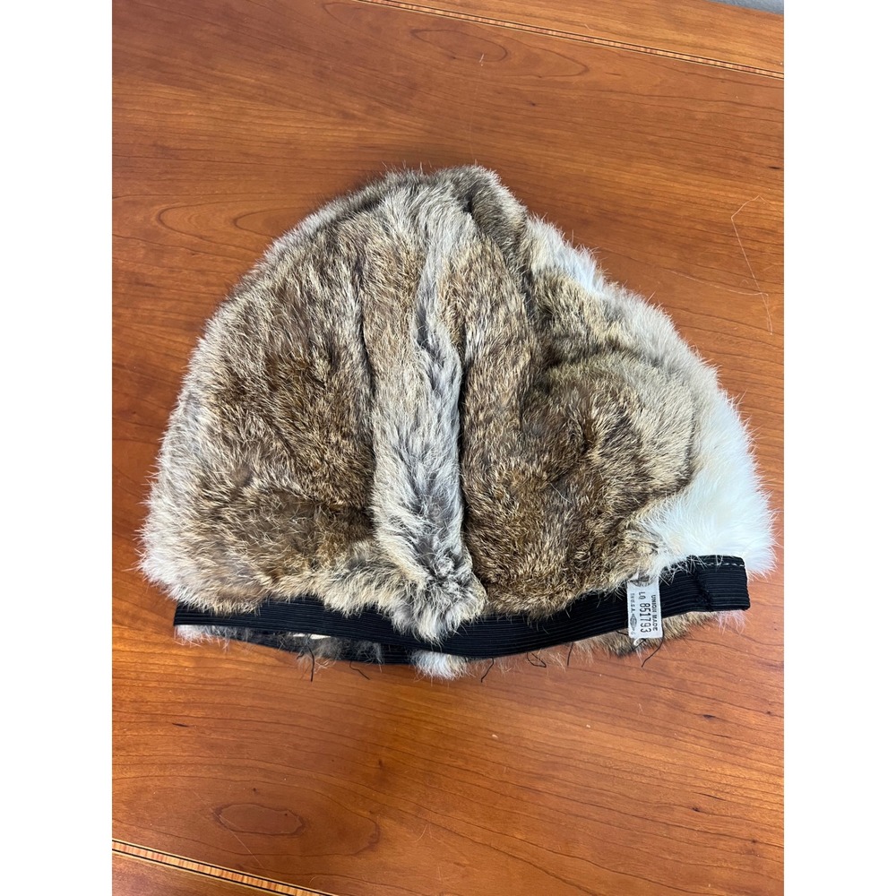 Vintage Union Made Real Rabbit Fur Beanie Hat Brown White Winter Cap USA Made